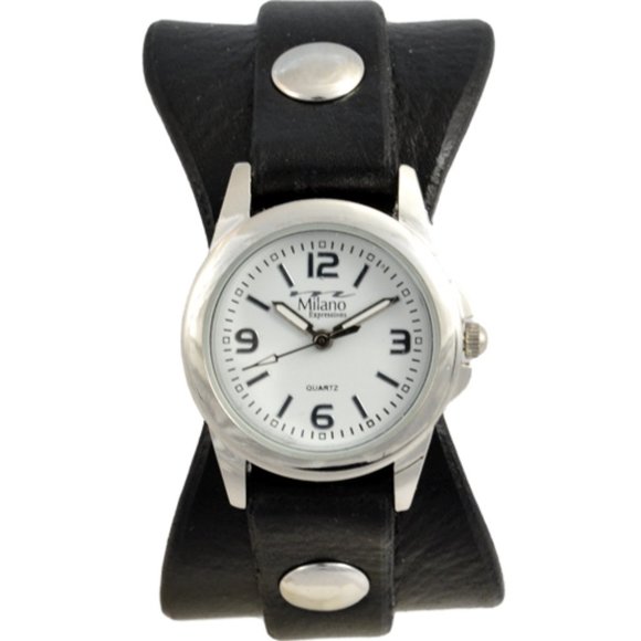 CuffWatches - Women's Black Leather Hourglass Cuff Watch - Picture 1 of 2